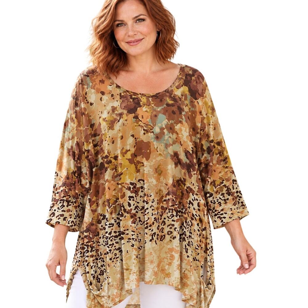 LOGO Lori Goldstein Animal Print Tunic Womens 3X Yellow Leopard Asymmetric Top